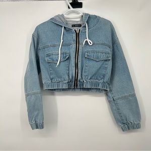 Shein cropped denim zip up jacket with hood size medium